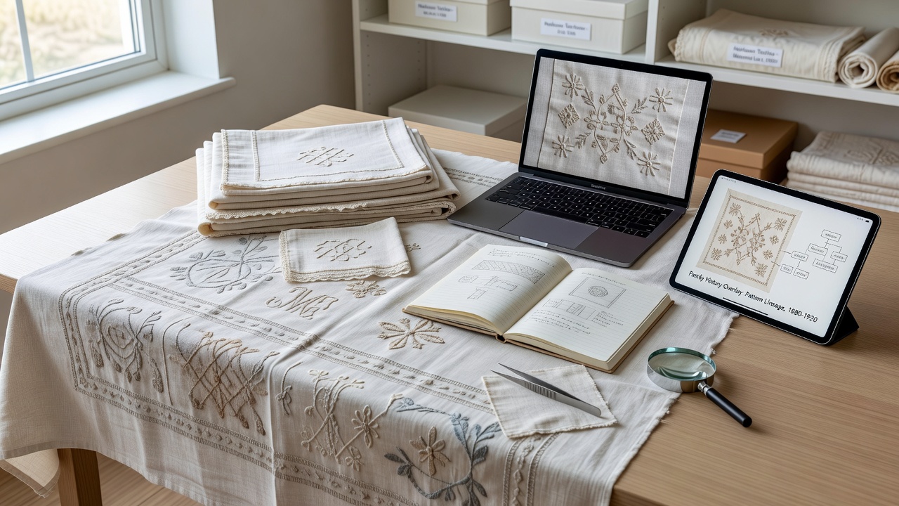 Vintage linen bedding set displaying family crests and regional embroidery patterns from mid-19th century collection