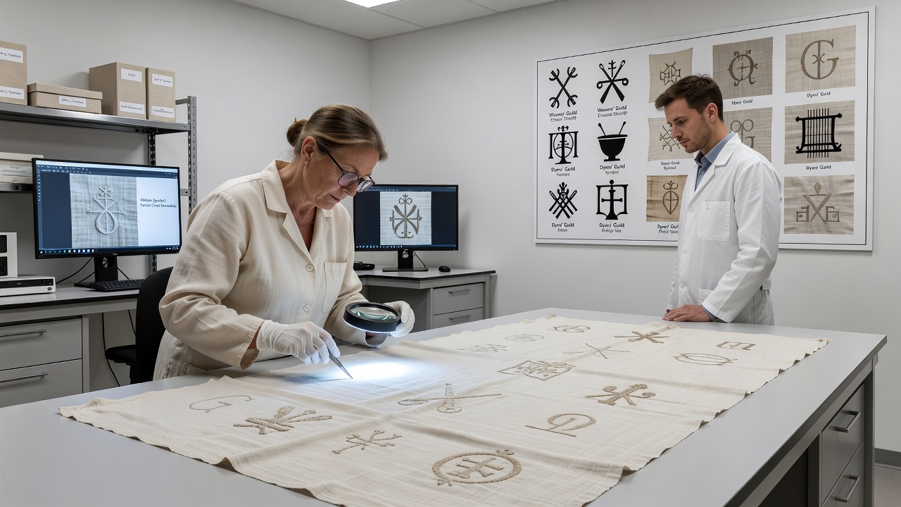 Antique linen tablecloth laid flat with highlighted guild symbols visible under raking light, showing intricate woven patterns